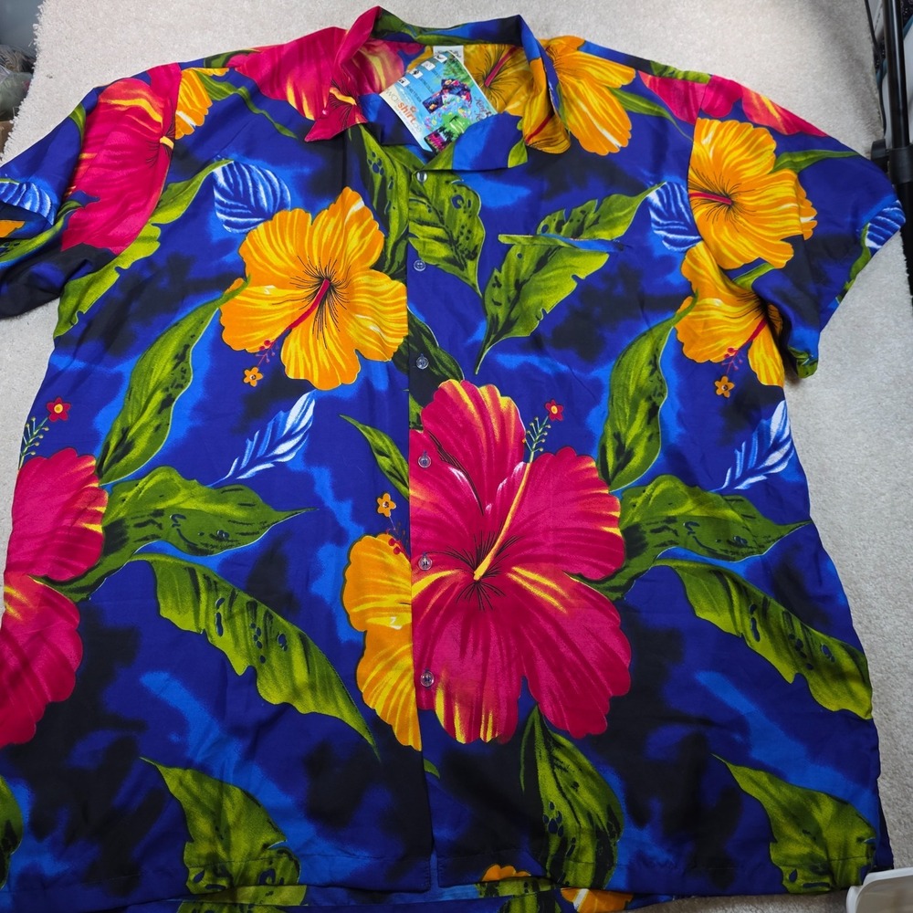 King Kameha Button-Up Shirt Mens 4XL Blue Pink Floral Hawaiian Terivoile Regular